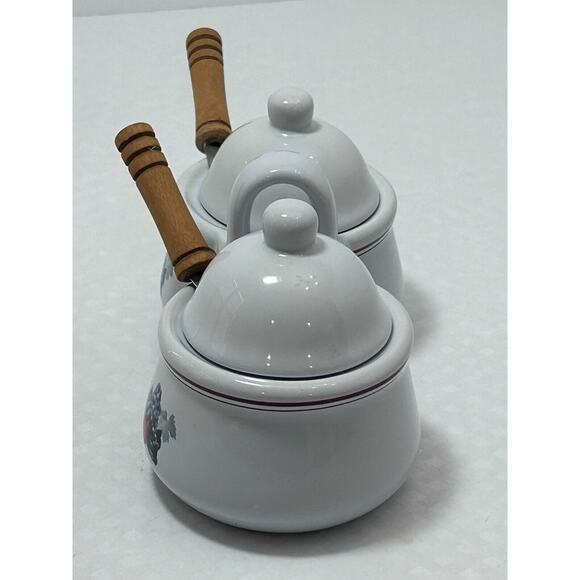 VTG Houston Harvest Ceramic Double Condiment/Jelly Bowls, White W/ Fruit Design - Picture 2 of 10